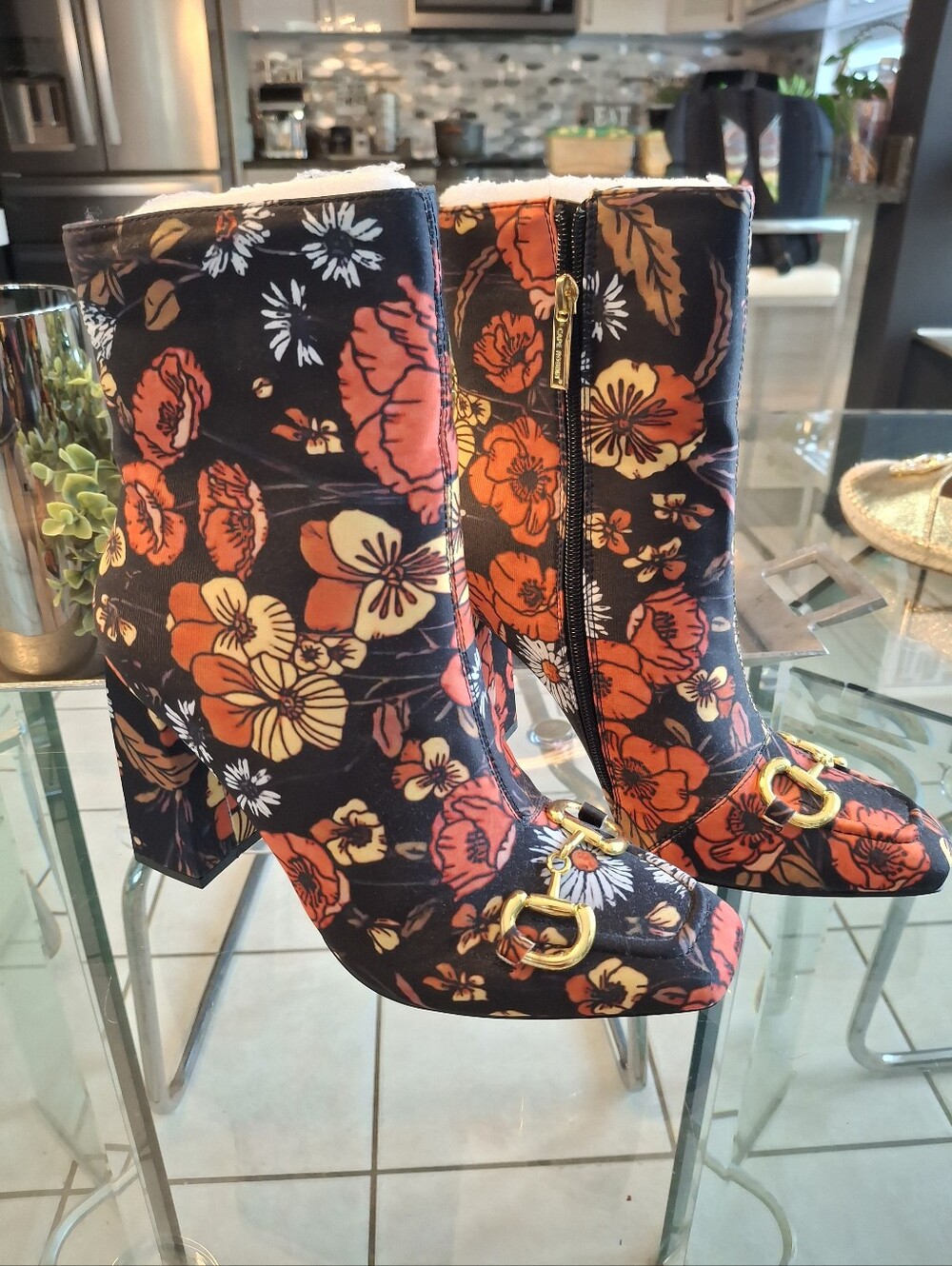 Cape Robbin Black Floral Block Heel Ankle Boots with Orange & Yellow Flowers